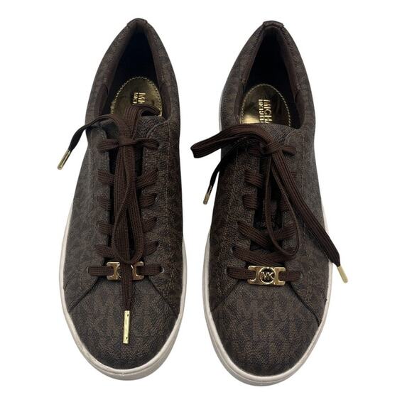 Michael Kors Keaton MK Signature Logo Coated Canvas Sneakers Brown Size 7.5M - Picture 1 of 9
